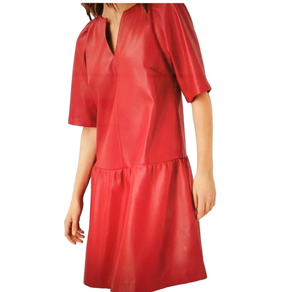 Ann Taylor 8 Red Faux Leather Drop Waist Peplum Shift Dress